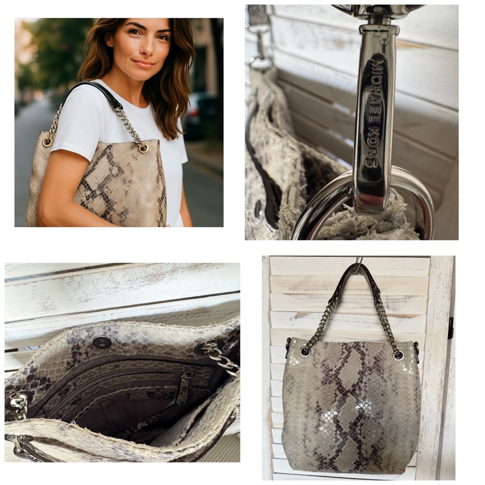 MICHAEL KORS‎ JET SET Gray Python Print Leather  Convertible Chain Handbag